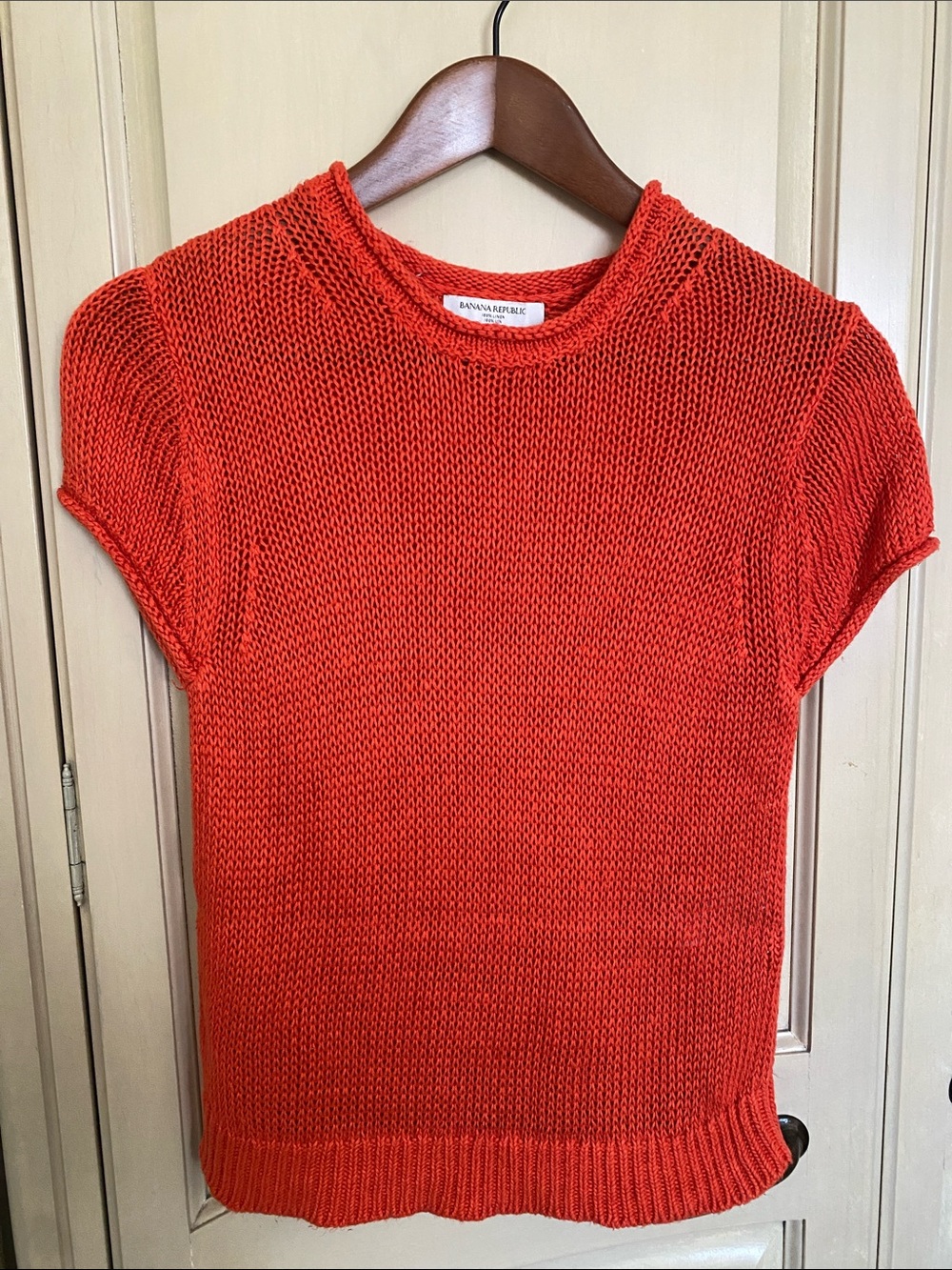 Banana Republic Bright Orange Short-Sleeve Crewneck Sweater 100% Linen